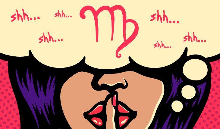 ilustração em pop art de uma mulher morena, de batom vermelho, com o dedo na boca em sinal de silêncio e os olhos cobertos por um balão de pensamento com símbolos do signo de virgem