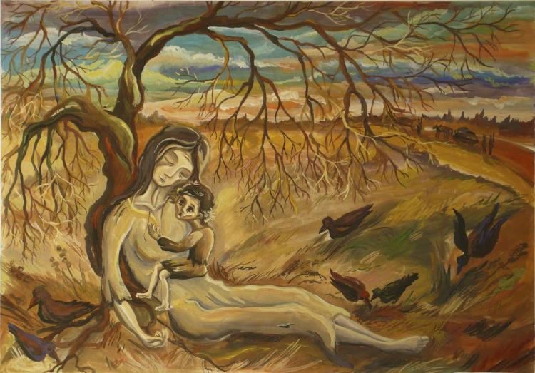 Obra de arte que retrata mãe e criança durante período do holocausto ucraniano