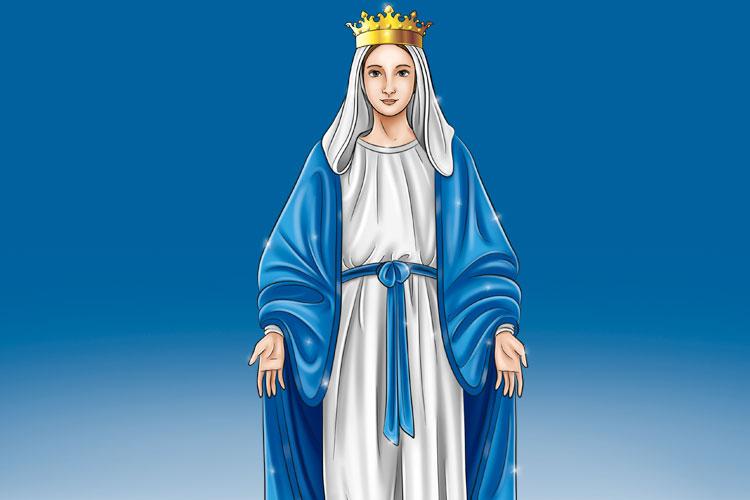 Ilustração de Virgem Maria com fundo azul