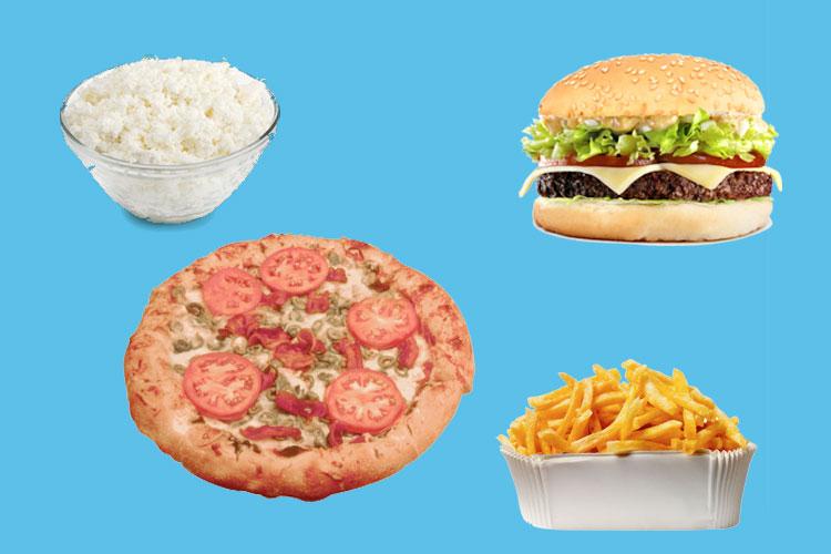 Montagem de comidas: pizza, hambúrguer, batata frita e pipoca