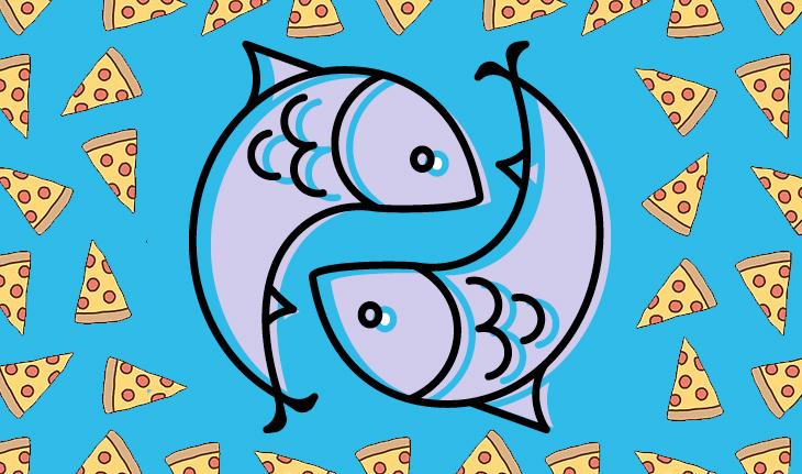imagem com fundo azul e ilustações de pedaços de pizza e do signo de peixes