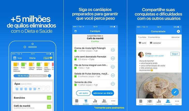 print de três telas de um smartphone apple com imagens do aplicativo dieta e saude controlar a dieta