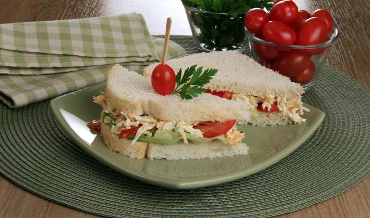 sanduiche natural com frango desfiado servido em um pratinho verde claro