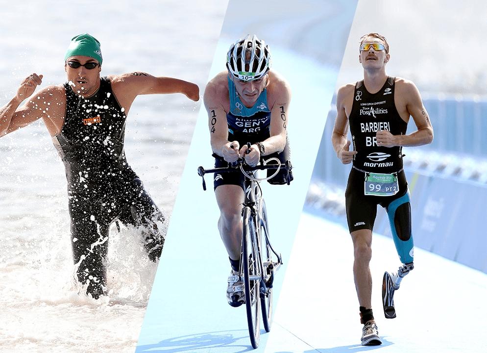 Atletas praticando natação, ciclismo e corrida no triatlo paralimpico