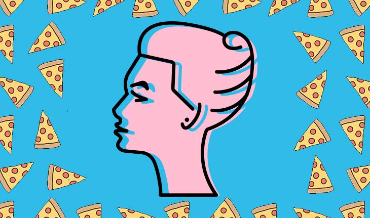 imagem com fundo azul e ilustações de pedaços de pizza e do signo de virgem