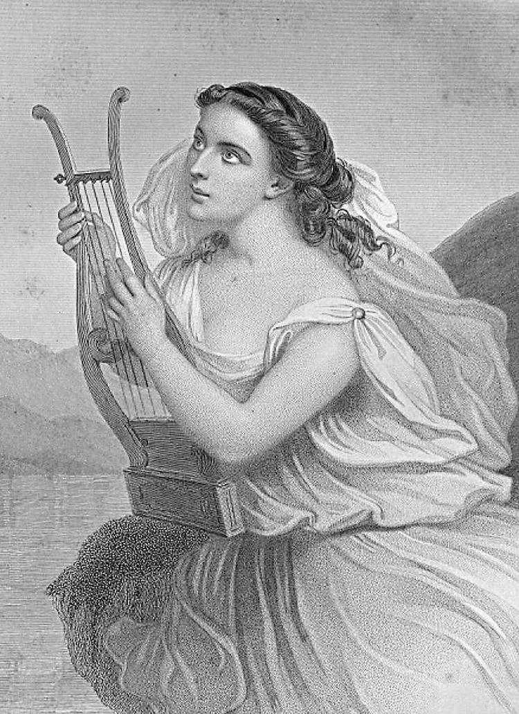 Safo de Lesbos, harpa, ilustração, preto e branco