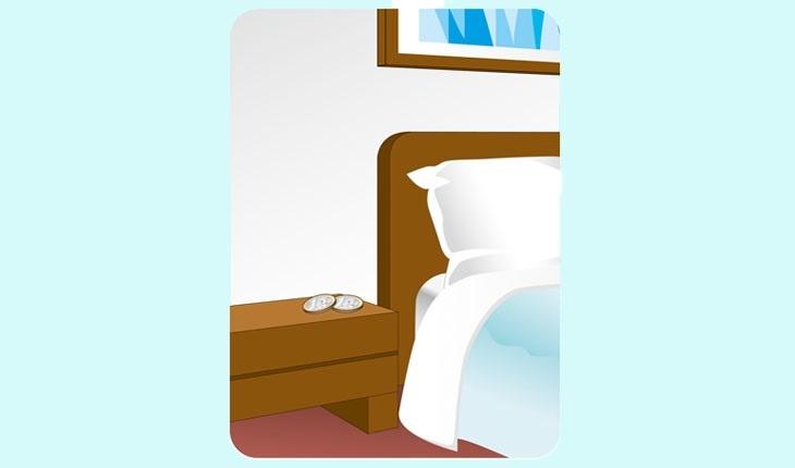 A ilustração mostra um quarto com uma cama arrumada e um quadro pendurado na parede