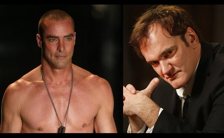 Modelo Paulo Zulu desfila sem camisa em montagem ao lado do diretor Quentin Tarantino
