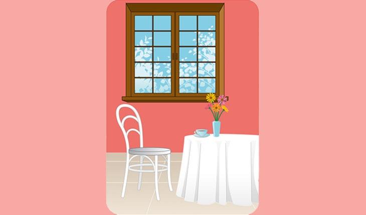 A ilustração mostra uma mesa de jantar com um vaso de flores e uma toalha branca. Na mesma sala ainda há uma cadeira branca e uma janela