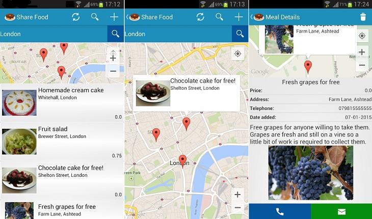 print de três telas de um smartphone com imagens do aplicativo sharefood