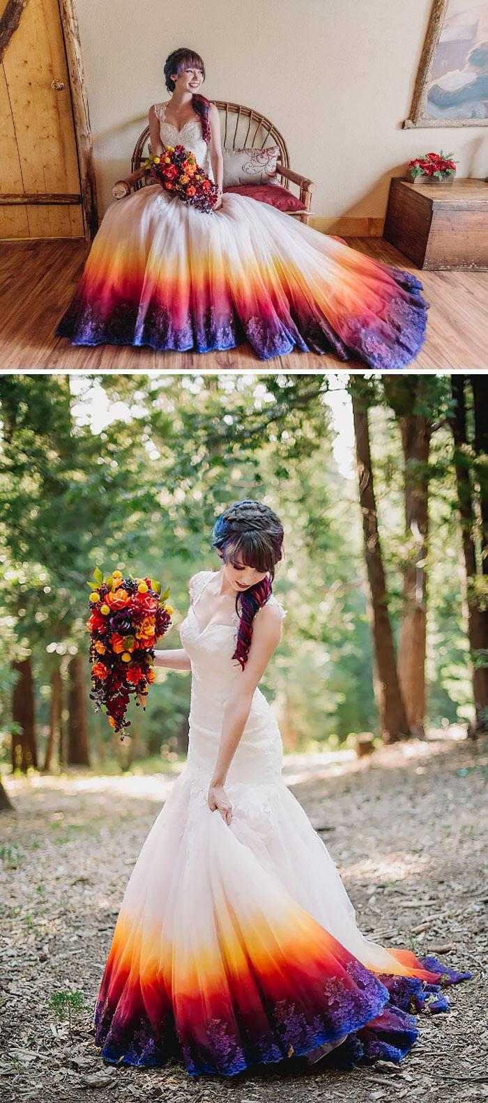 Noiva posa para fotos com vestido colorido nas pontas