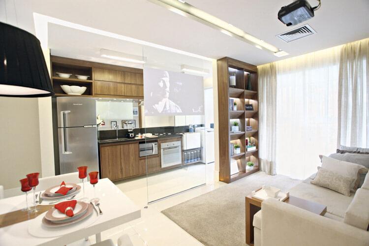 Sala e cozinha integrada e decorado de apartamento pequeno
