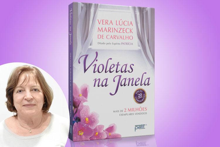 Montagem com a capa do livro Violetas na Janela junto de um retrato de Vera Lúcia, autora