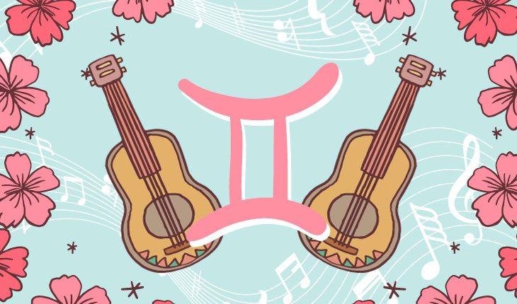 Ilustração com dois violões, lirios cor de rosa ao redor, fundo azul com notas musicais em branco e o símbolo do signo de gêmeos