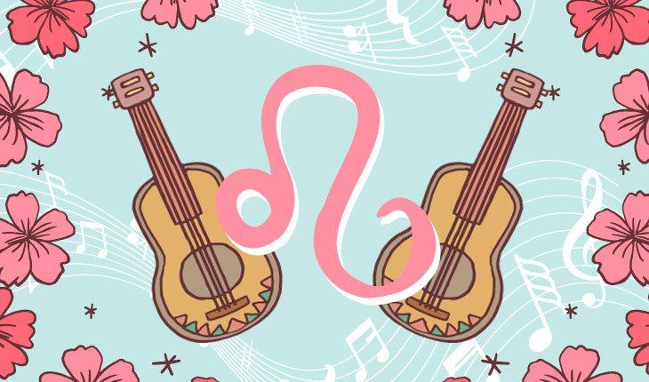 Ilustração com dois violões, lirios cor de rosa ao redor, fundo azul com notas musicais em branco e o símbolo do signo de leão