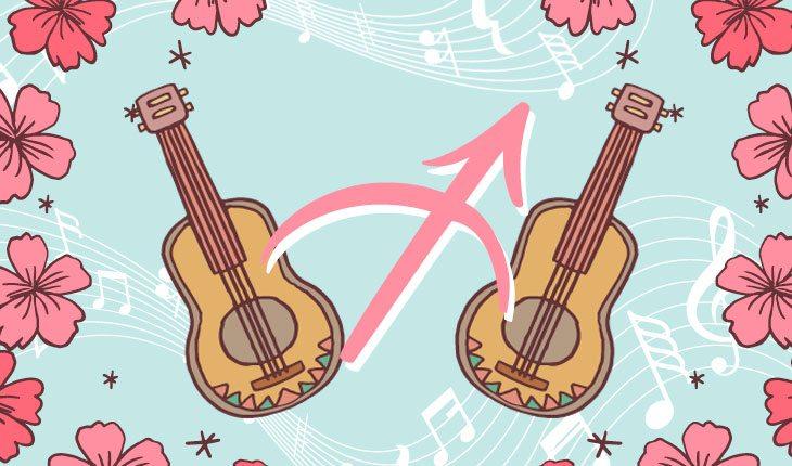 Ilustração com dois violões, lirios cor de rosa ao redor, fundo azul com notas musicais em branco e o símbolo do signo de sagitário