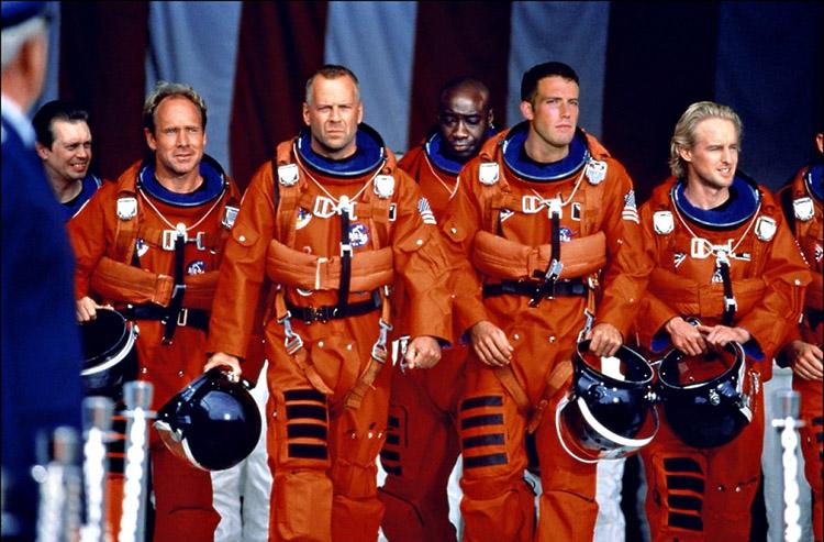 Armageddon, filme, cena, astronautas, uniforme laranja