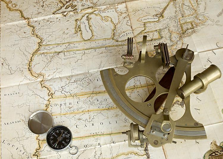 astrolábio, quadrante, mapa, bússola