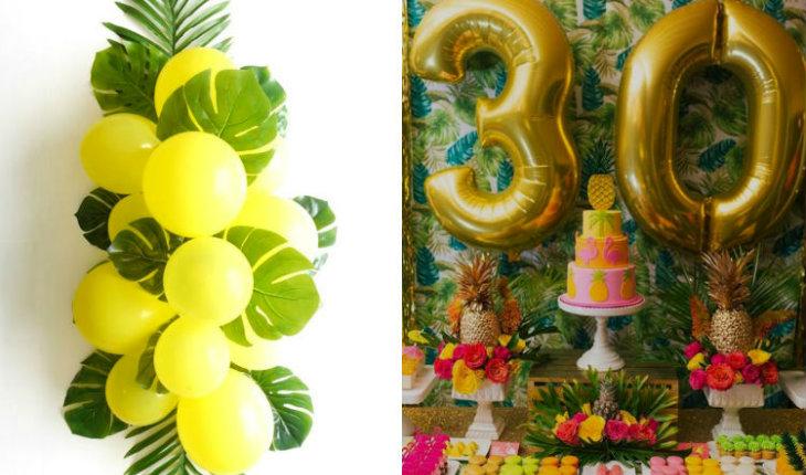 festa tropical decoração cores quentes balões