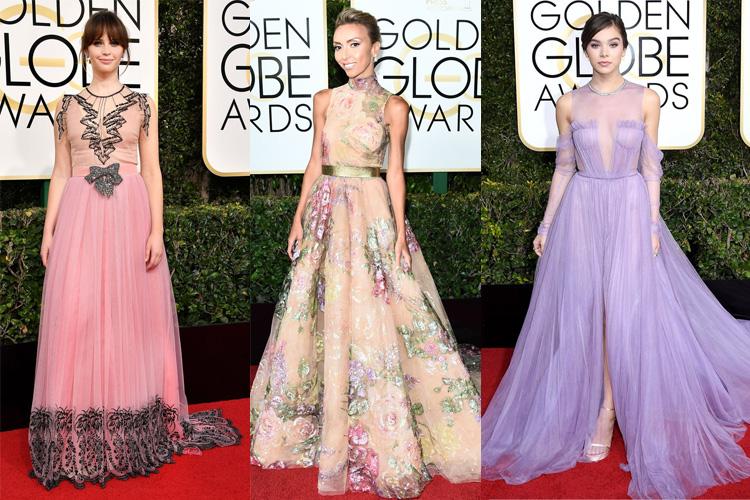 Globo de Ouro 2017 atrizes no tapete vermelho com looks em tons pastel