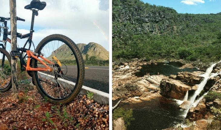 foto de uma bicicleta parada na estrada que liga Alto Paraíso a São Jorge e de uma montanha com um lago
