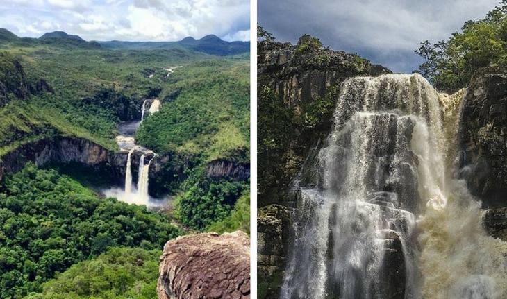 fotos de duas cachoeiras nos saltos do Rio Preto cercadas por vegetação verde