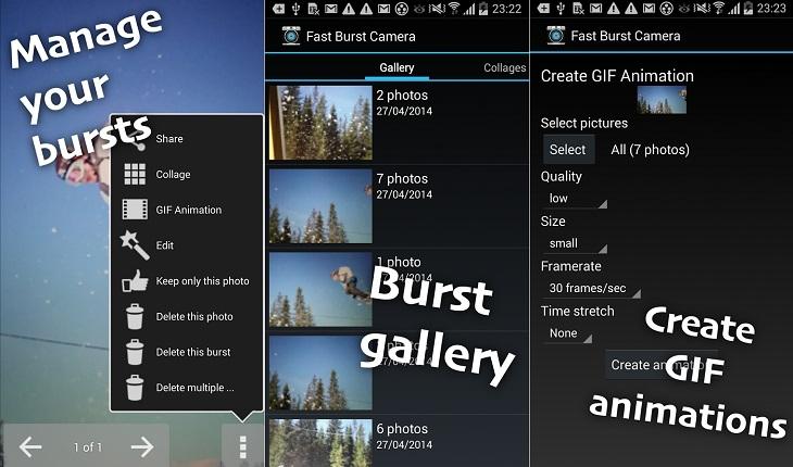 print de três telas de um smarpthone com imagens do aplicativo fast burst