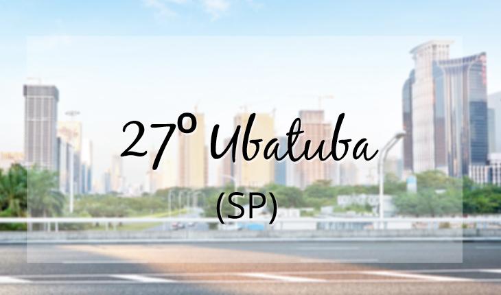 Imagem com cidade ao fundo, escrito Ubatubaà frente