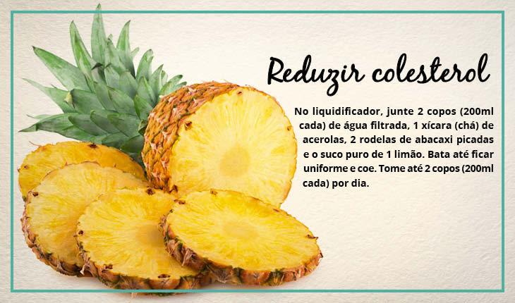 Fotomontagem com receita de suco de abacaxi para reduzir colesterol