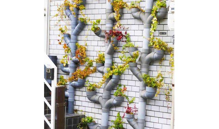 Na foto há uma parede de tijolinhos brancos com canos de PVC retos e tortos com plantas plantadas nas extremidades, como se fossem galhos.