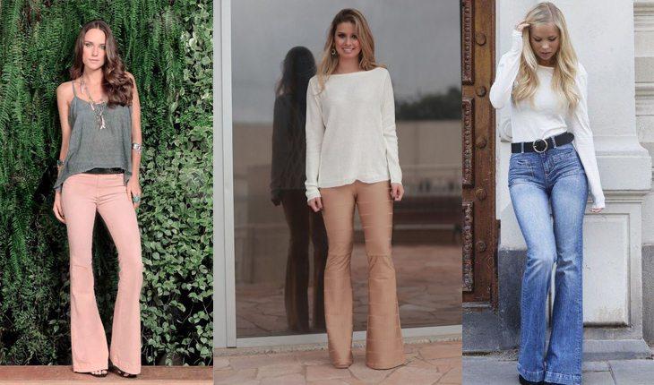Na imagem há 3 fotos de mulheres com calças flare