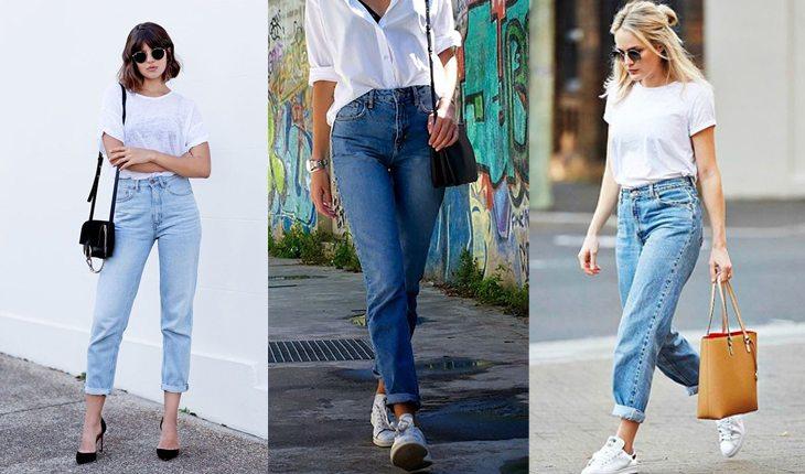 Na imagem há 3 fotos de mulheres com calças moms jeans
