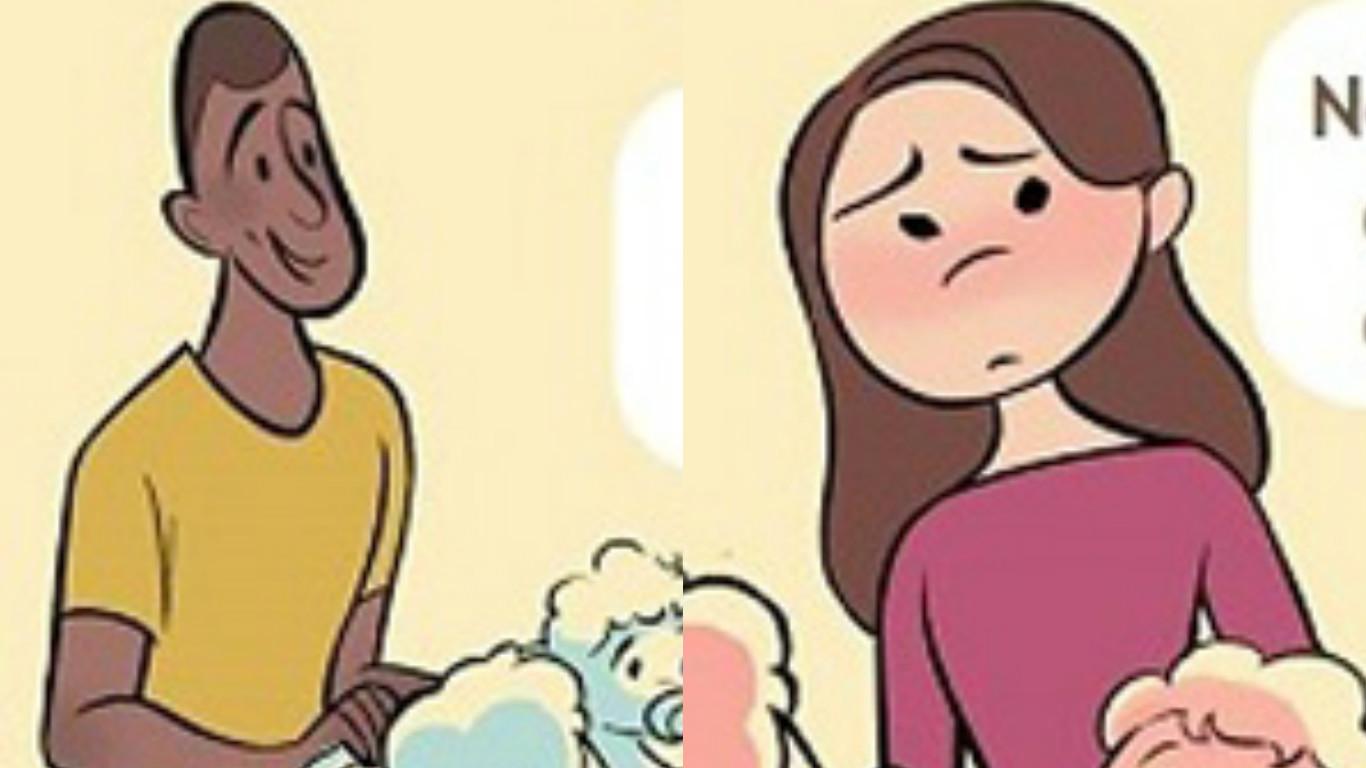 Quadrinhos ilustram a diferença de tratamento entre pais e mães 