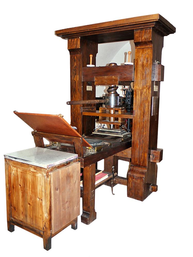 Inventada originalmente na China, mas popularizada por Gutenberg, a prensa móvel marcou o fim das cópias de livros feitas à mão