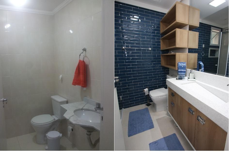 Antes e depois: banheiro renovado nos revestimentos e cores! 
