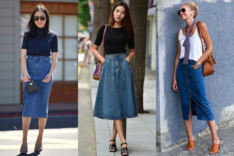 Inspire-se nas tendências de moda dos anos 90 para usar modelos de saia midi jeans nos seus visuais da próxima estação e arrasar!