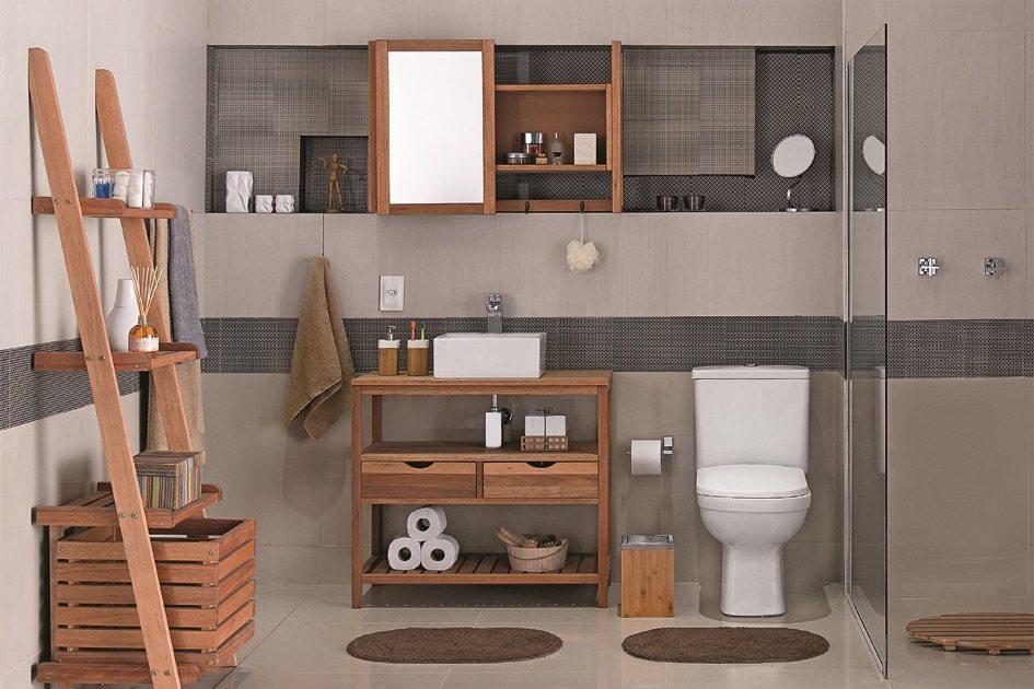 Decore seu banheiro com a elegância da madeira e dos tons neutros 