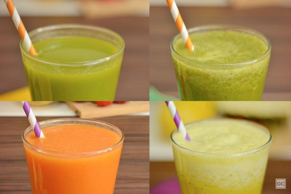 Aprenda a fazer quatro receitas de sucos saudáveis superfáceis: suco detox, suco antioxidante, suco refrescante e suco verde