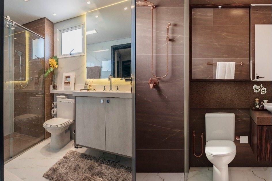 Banheiros com revestimentos que imitam madeira: inspire-se nos projetos! 