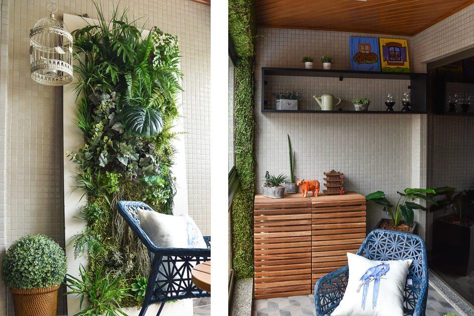Confira como a sacada decorada de 6,97m², composta por grama artificial na parede e um elemento decorativo com mix de folhagens, garante um dia a dia mais verde!