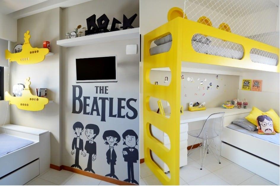 O quarto com decoração inspirada nos The Beatles é divertido e funcional 