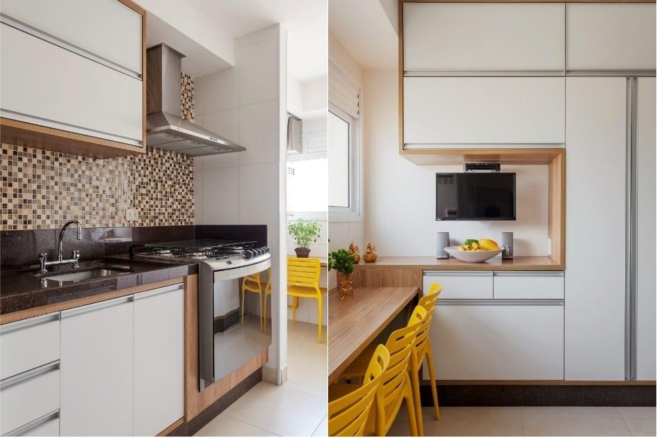 A arquiteta e paisagista Liane Martins utilizou soluções simples de decoração para ampliar visualmente esta cozinha de apenas 10m². Ela também optou por diversos armários no local, garantindo a organização de todos os utensílios necessários