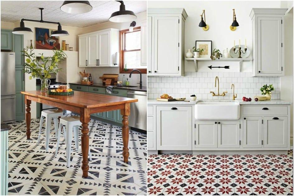 Os pisos decorativos fazem uma excelente combinação com uma paleta monocromática nos móveis da cozinha. Veja ideias de pisos coloridos e geométricos para mudar a decoração da cozinha!