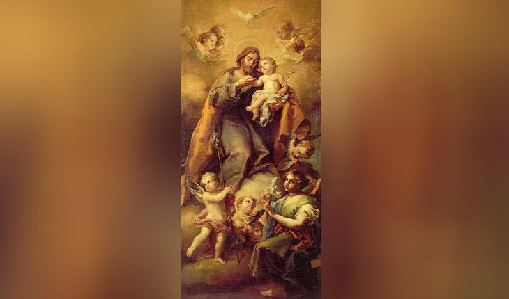 Pintura de São José segurando o menino Jesus rodeado por anjos