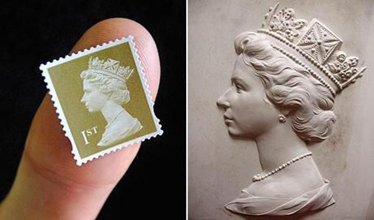 foto do selo com o desenho da rainha Elizabeth. O selo tem o fundo verde e o desenho da rainha é na cor branca