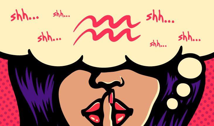 ilustração em pop art de uma mulher morena, de batom vermelho, com o dedo na boca em sinal de silêncio e os olhos cobertos por um balão de pensamento com símbolos do signo de aquário