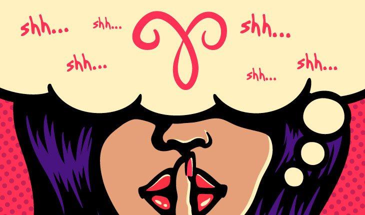 ilustração em pop art de uma mulher morena, de batom vermelho, com o dedo na boca em sinal de silêncio e os olhos cobertos por um balão de pensamento com símbolos do signo de áries