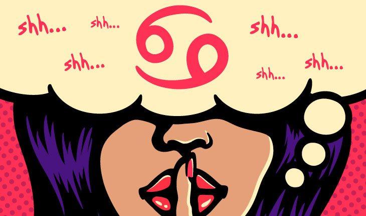 ilustração em pop art de uma mulher morena, de batom vermelho, com o dedo na boca em sinal de silêncio e os olhos cobertos por um balão de pensamento com símbolos do signo de câncer