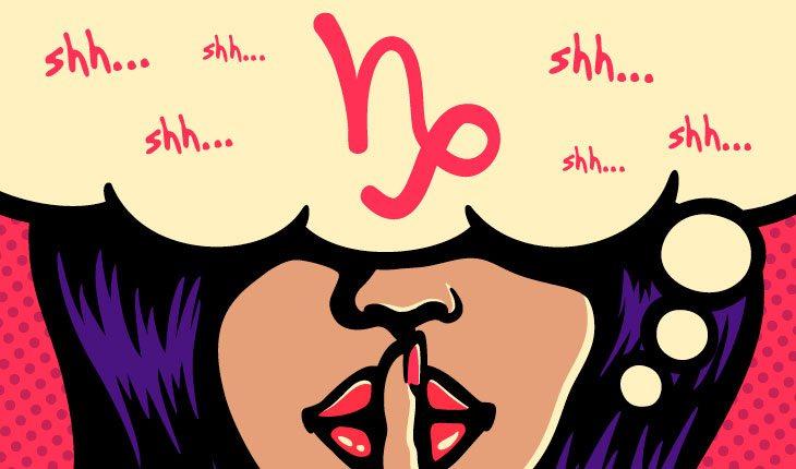 ilustração em pop art de uma mulher morena, de batom vermelho, com o dedo na boca em sinal de silêncio e os olhos cobertos por um balão de pensamento com símbolos do signo de capricórnio