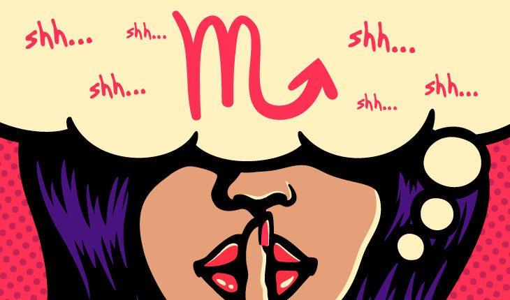 ilustração em pop art de uma mulher morena, de batom vermelho, com o dedo na boca em sinal de silêncio e os olhos cobertos por um balão de pensamento com símbolos do signo de escorpião